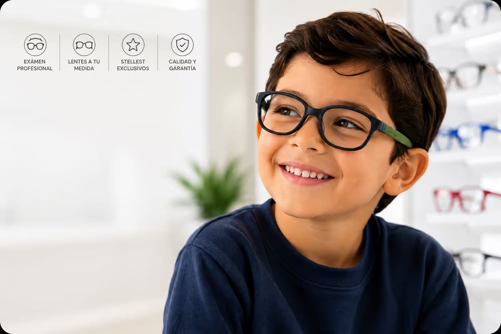 Que él escoja el que le guste: un niño sonriendo con su armazón puesto, con el aparador de la óptica detrás