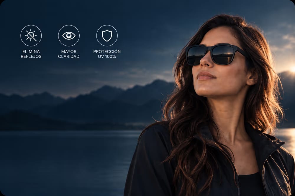 Oscuro no es lo mismo que protegido: una mujer con lentes de sol oscuros, de perfil, frente a montañas en penumbra