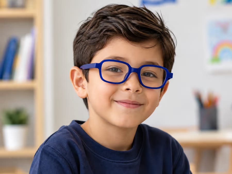 Un niño sonriendo de frente con armazón azul, en un rincón de estudio con libreros
